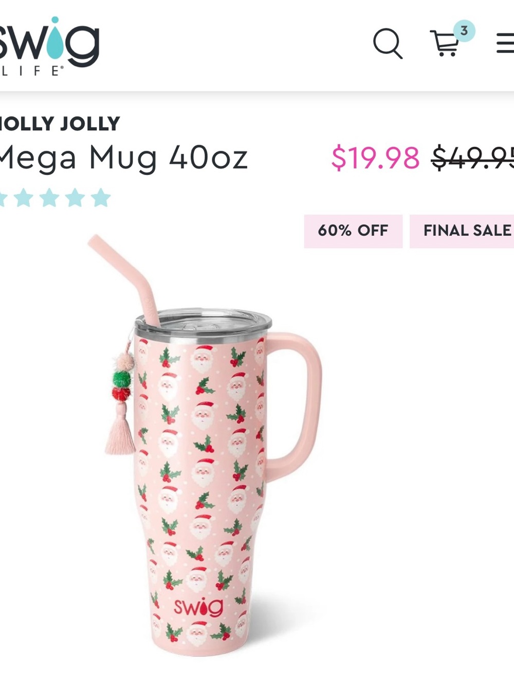 Swig Life Holly Jolly 40oz Mega Mug - Pink